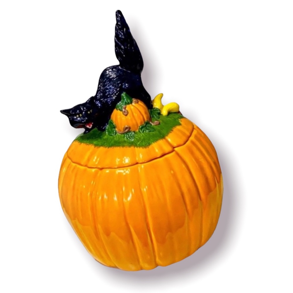 Vtg 70’s Halloween Pumpkin Black Cat Cookie Jar 1979 Dramatic Cat Statue Ceramic